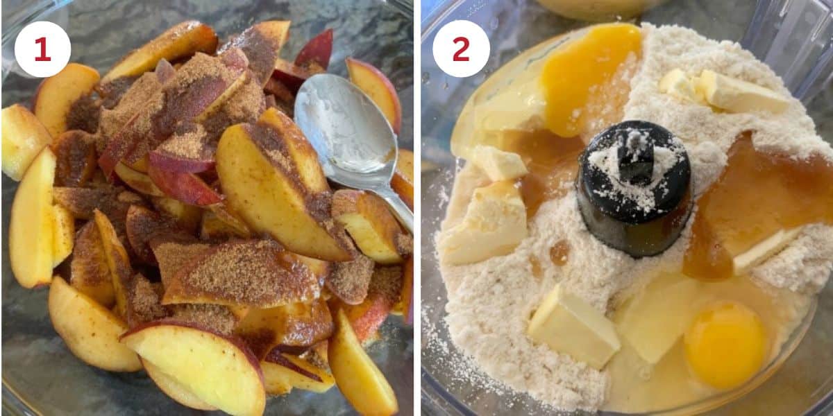 Photos showing the sliced peaches with sugar and the cobbler topping ingredients in a food processor.