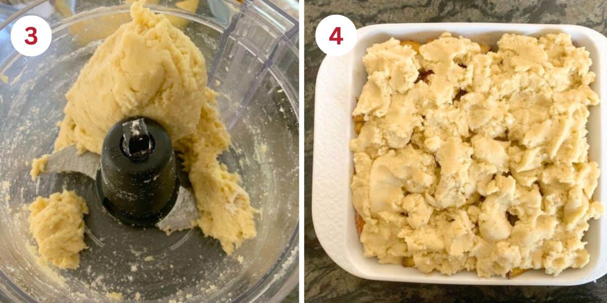 Photos showing the cobbler dough and the assembled cobbler in an 8x8 pan.