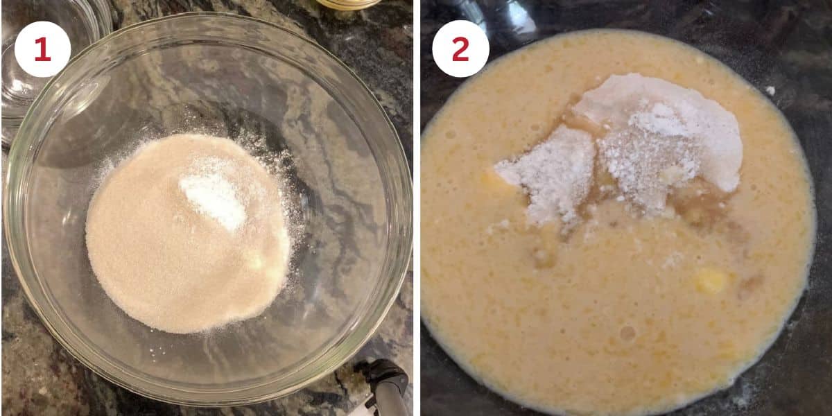 Photos of the dry ingredients in a bowl and adding the wet ingredients to the bowl.