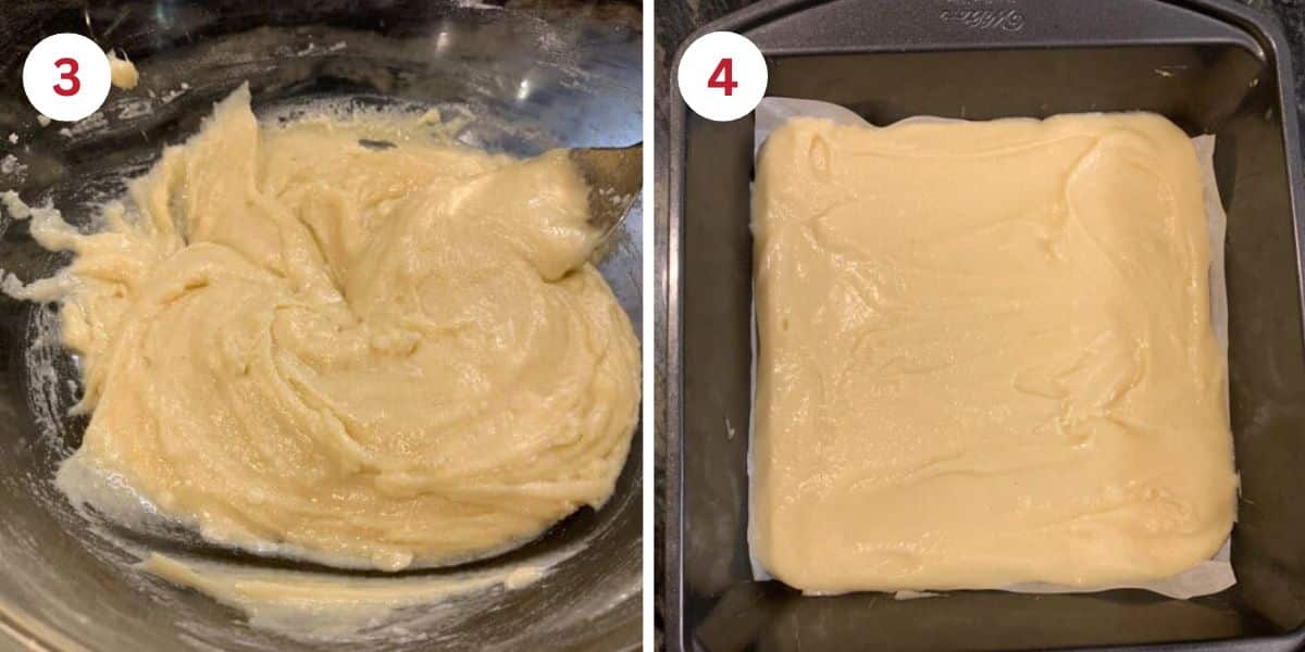Photos of the mochi batter in the bowl and 8x8 baking pan.