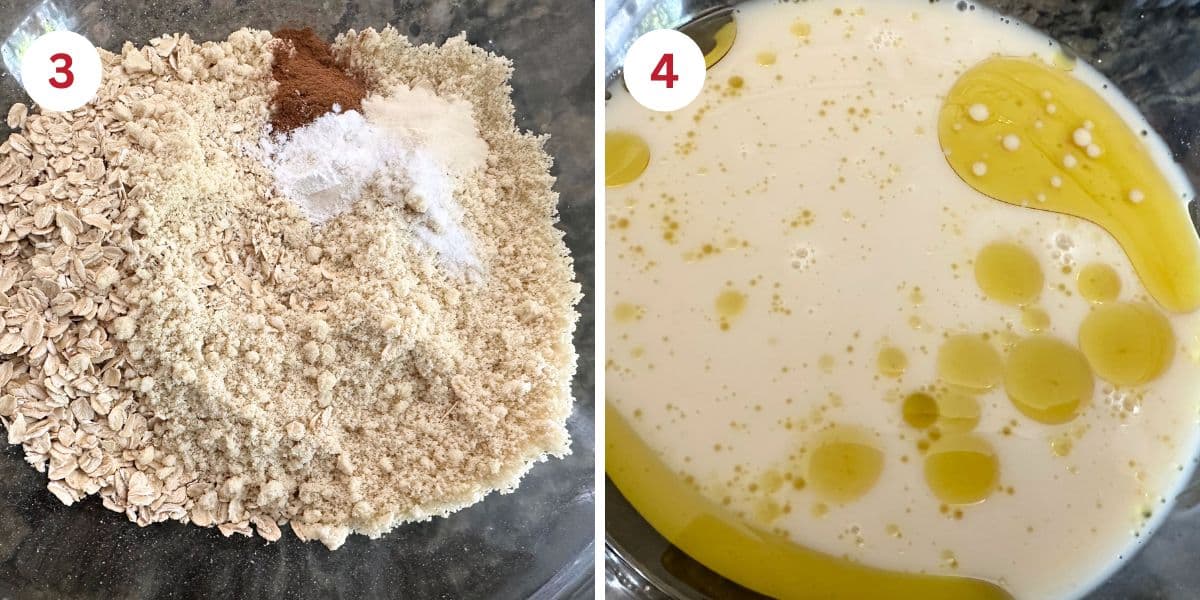 Photos showing the dry ingredients and the wet ingredients in mixing bowls.