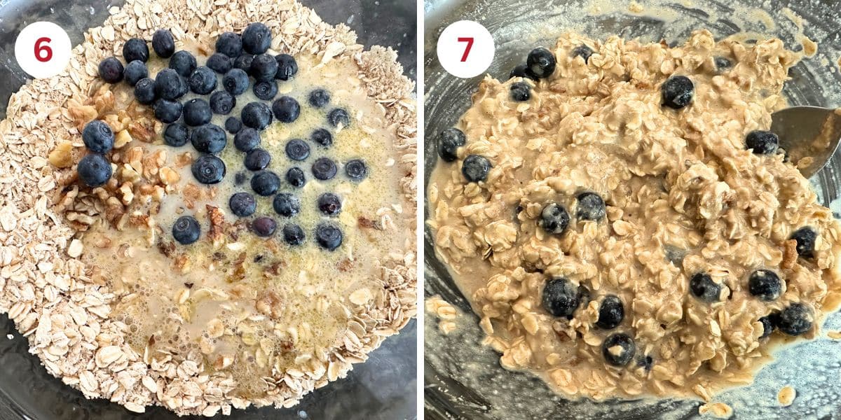Photos showing the added blueberries and the muffin batter.