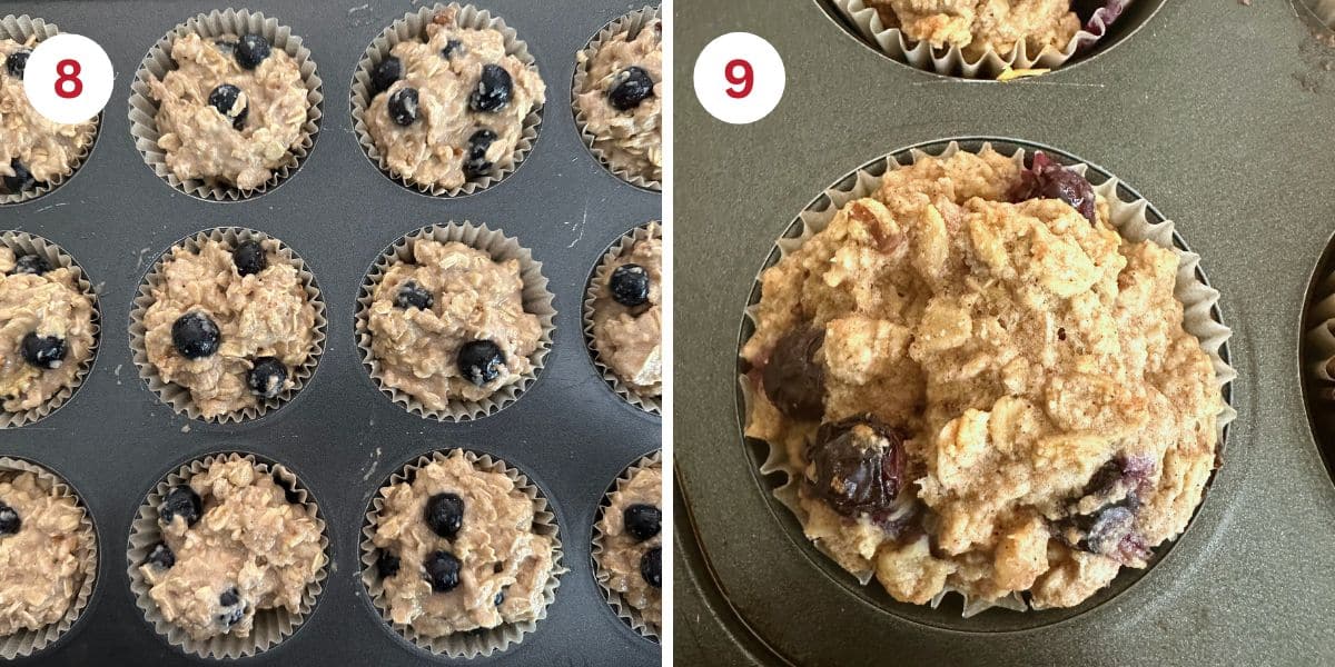 Photos showing the muffins in the pan and a baked muffin.