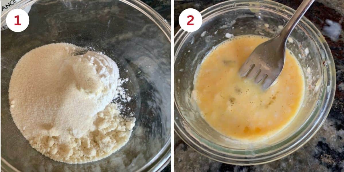 Photos mixing the mug cake ingredients in small bowls to make sure they are well combined.