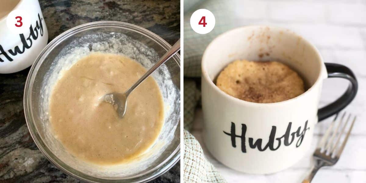 Photos of the cake batter and how it looks after microwaving in the mug.