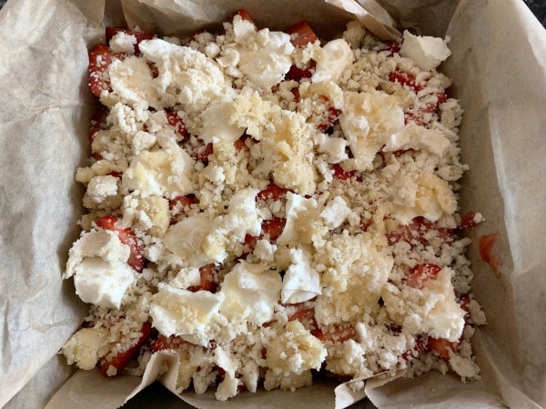 The strawberry cream cheese bars ready to bake.