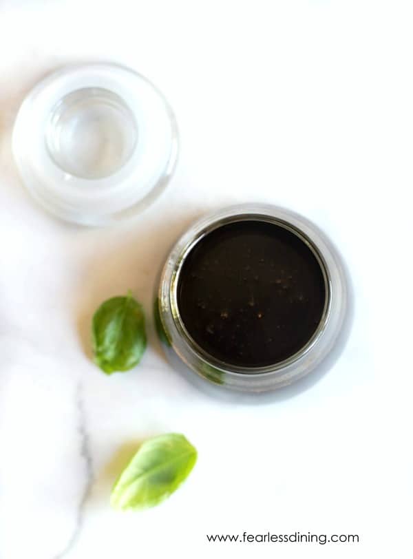 The top view of a jar filled with homemade balsamic syrup.