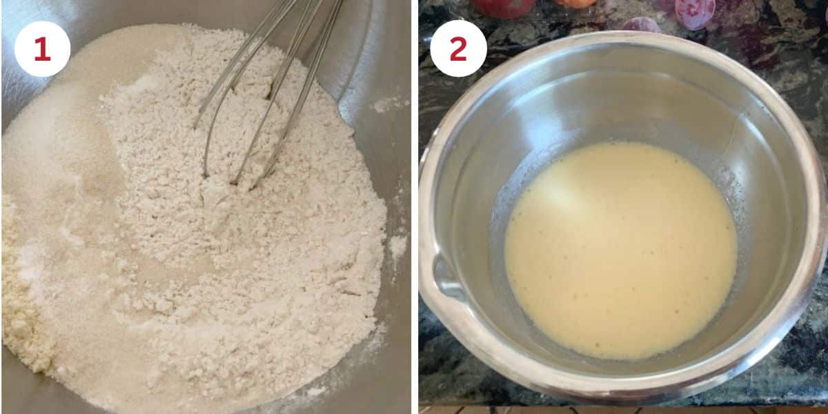 Photos showing mixing the wet and dry ingredients in separate bowls.