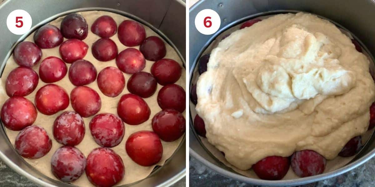 Photos showing laying the plums in the springform pan and then adding the cake batter.
