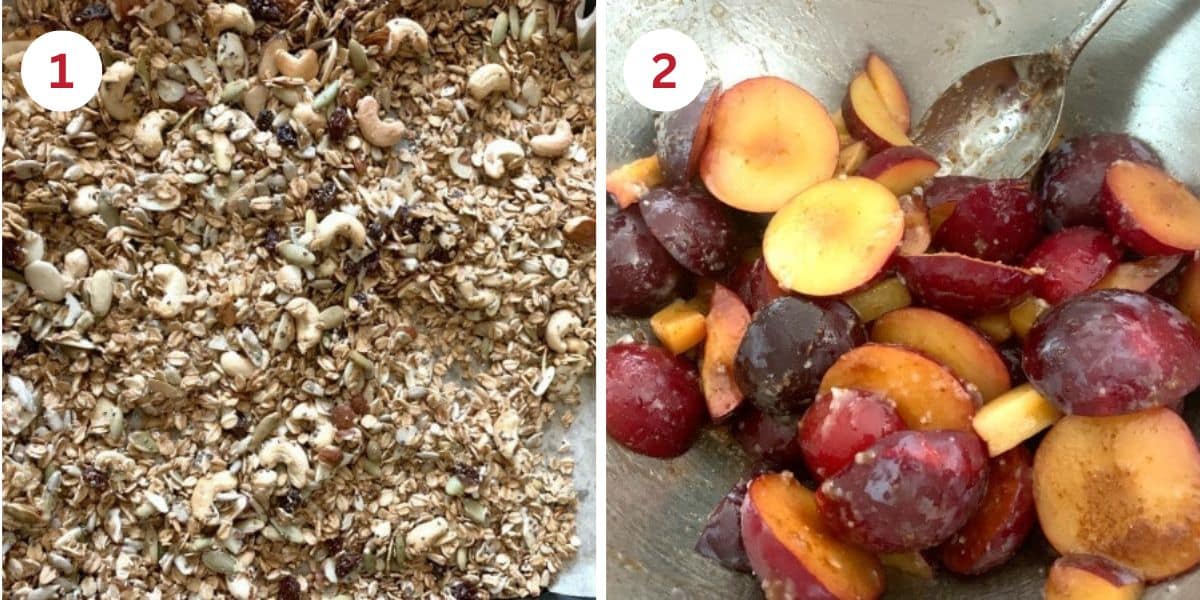 Photos of the homemade granola and the sliced plums and sugar in bowls.