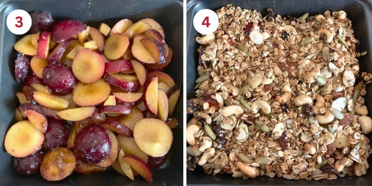 Plums in an 8x8 pan and then topped with the granola.