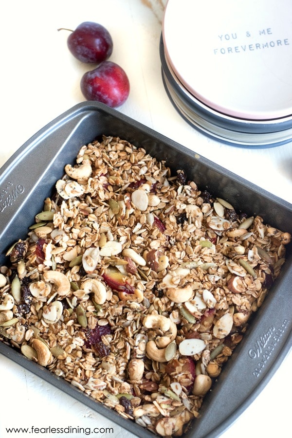 The top view of plum crisp in a baking dish.