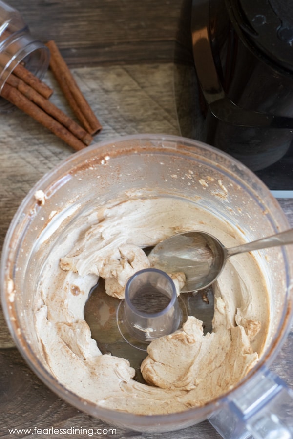 Cinnamon cream cheese in a food processor all whipped up.