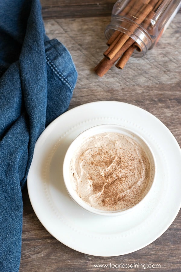 top view of a bowl of maple cinnamon cream cheese