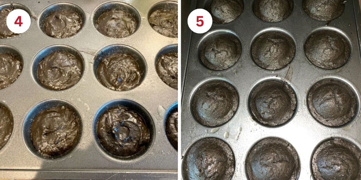 Photos of the cupcake batter in the pan before and after baking.