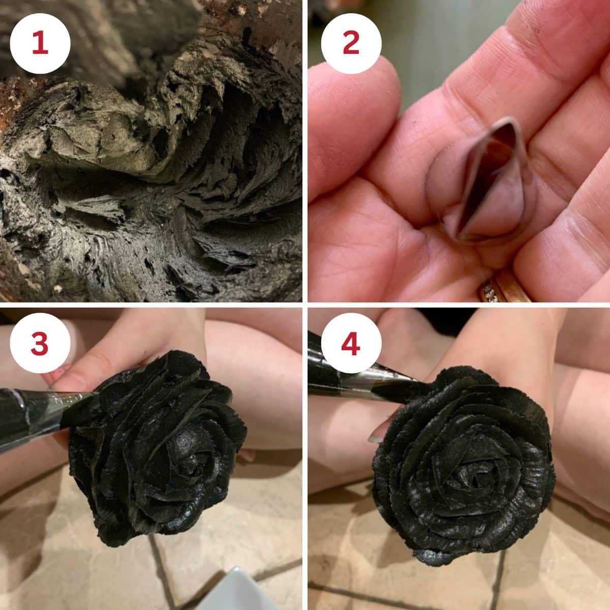 Photos showing the black buttercream frosting, the frosting tip used, and how to make frosting flowers.