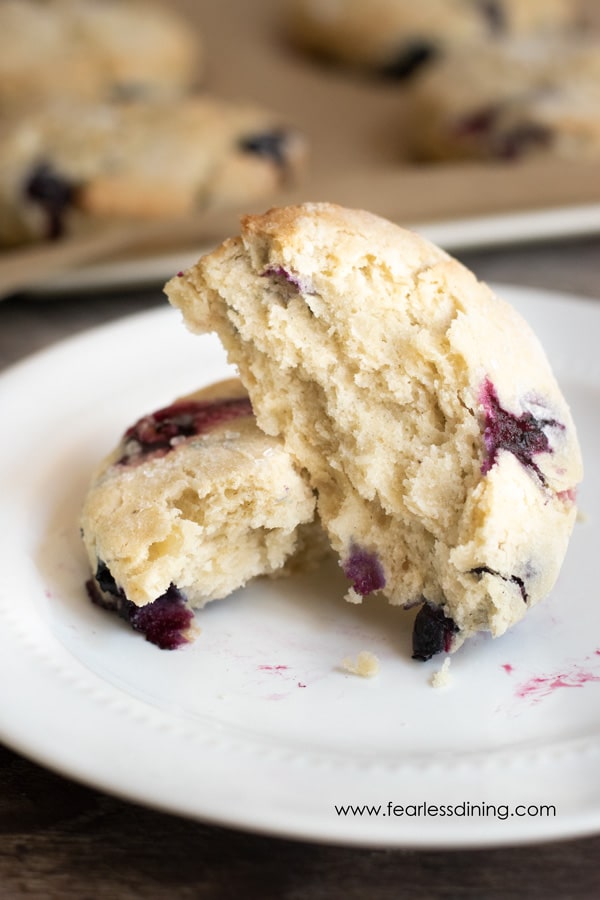 A blueberry scone cut in half on a plate.