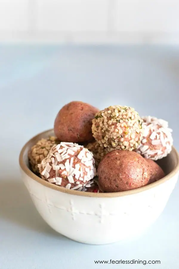 a bowl of no-bake protein balls