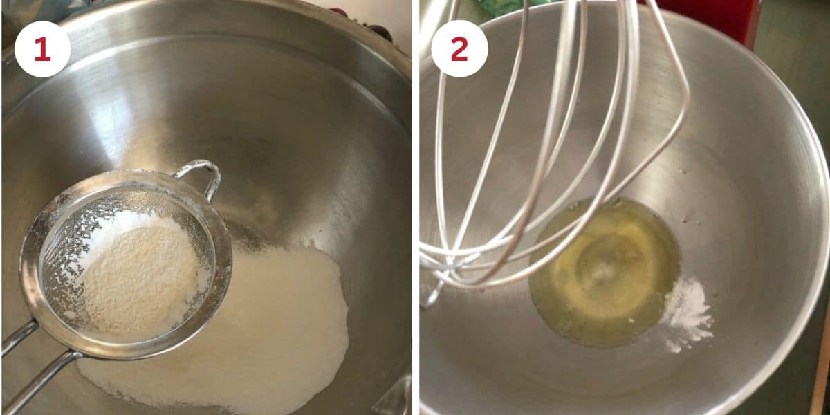 Photos sifting the powdered sugar and adding egg whites to the stand mixer.