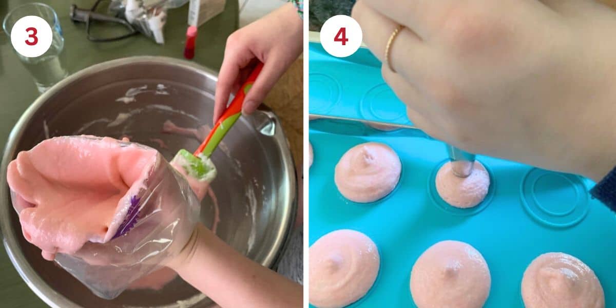 Photos showing adding batter to the piping bag and piping onto a macaron mat.
