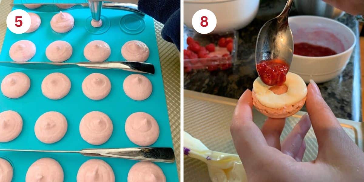 Letting the macaron batter rest and adding a fresh raspberry to the macaron.