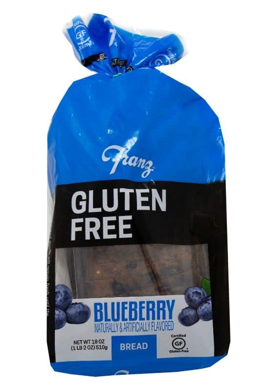 A package of Franz Gluten Free Blueberry Bread in its package.