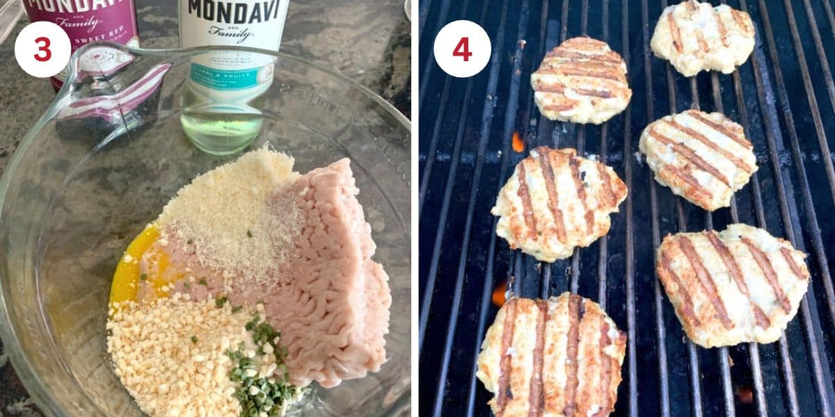 Photos mixing the burger ingredients and grilling the burgers.