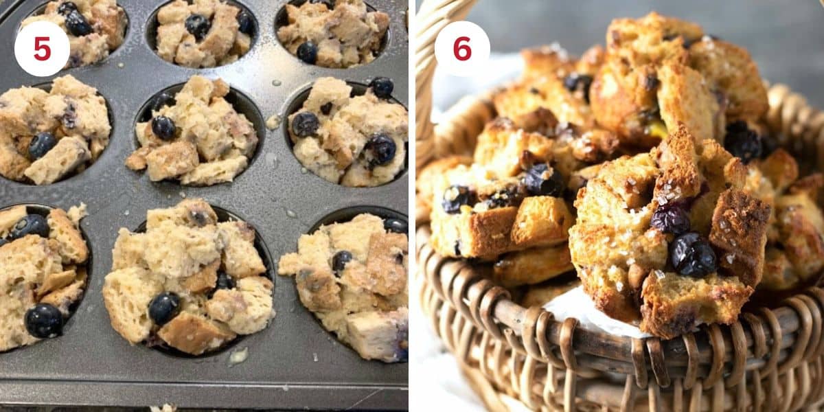 Photos of the gluten free French toast muffins before and after baking.
