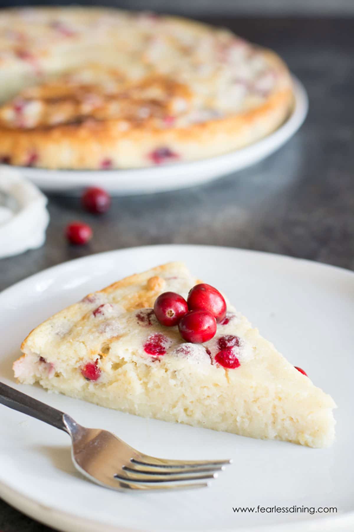 A slice of gluten free yogurt cranberry cake on a white plate.