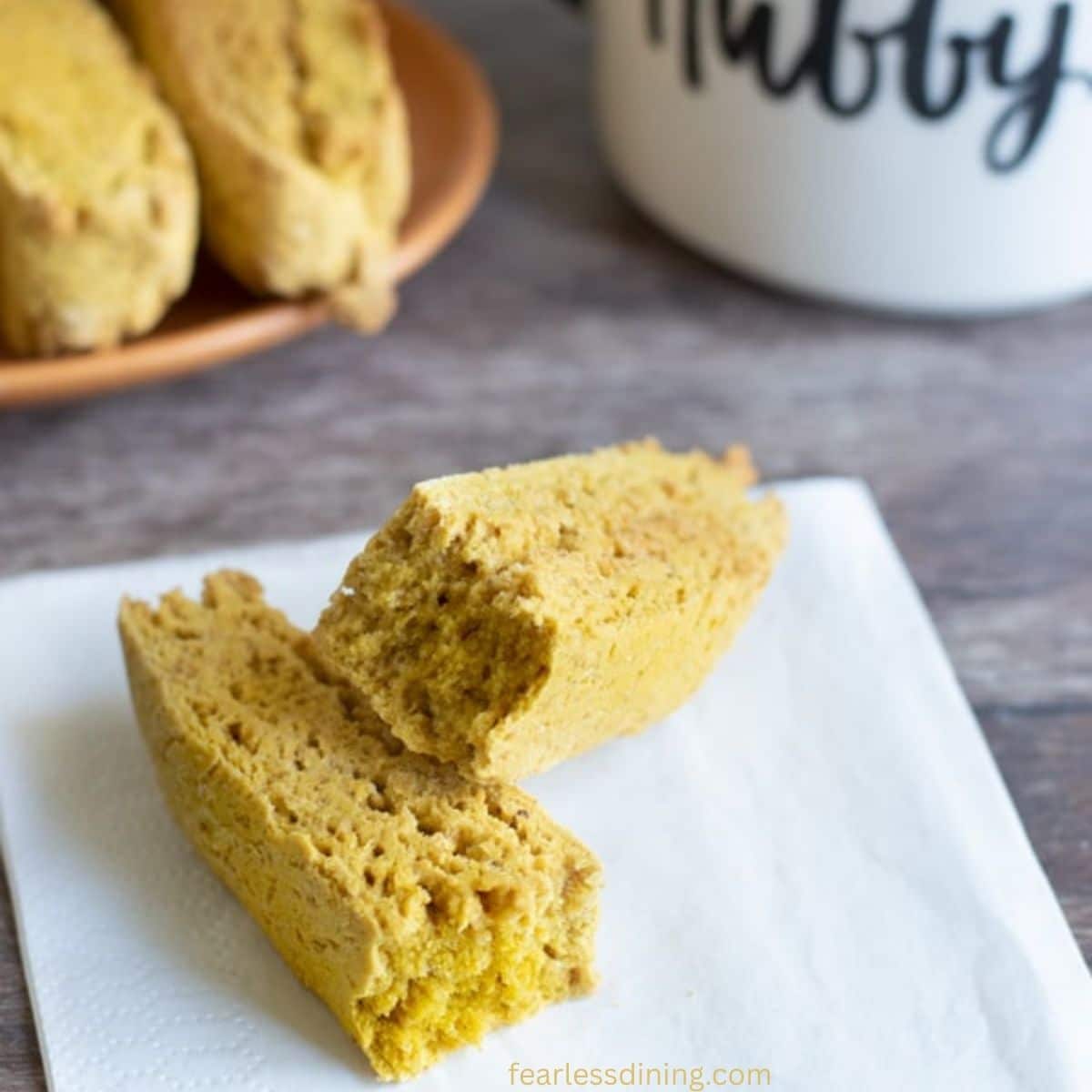 A piece of gluten-free pumpkin biscotti broken in half on a napkin.