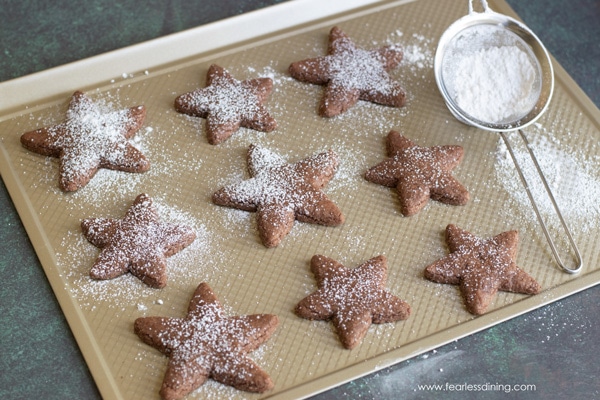 gluten free Swiss brunsli cookies on a cookie sheet with powdered sugar