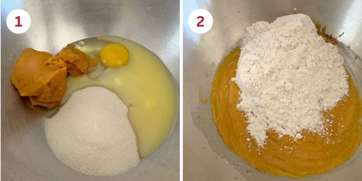 Photos of the wet and dry ingredients in mixing bowls.