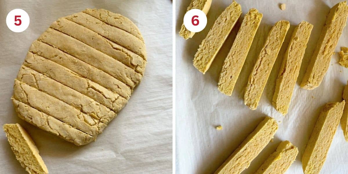 Photos of the partially baked pumpkin biscotti on a baking sheet.