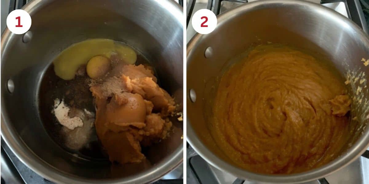 Photos showing cooking the pumpkin ingredients in a small pot.