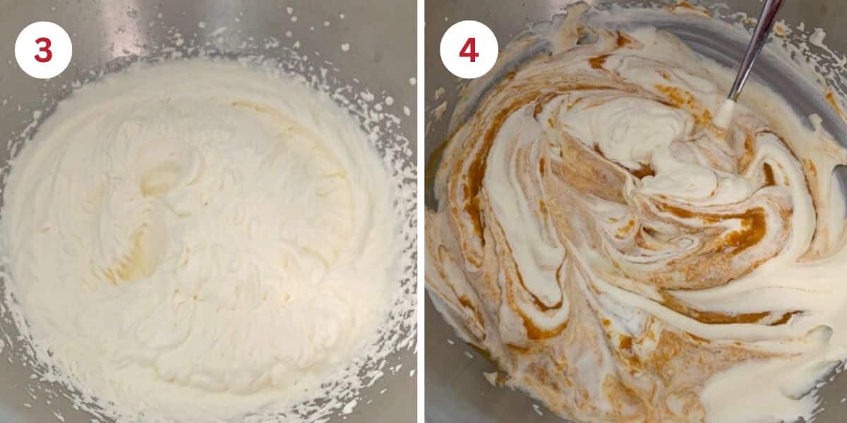 Photos showing making the whipped cream and combining the pumpkin mixture with the cream.