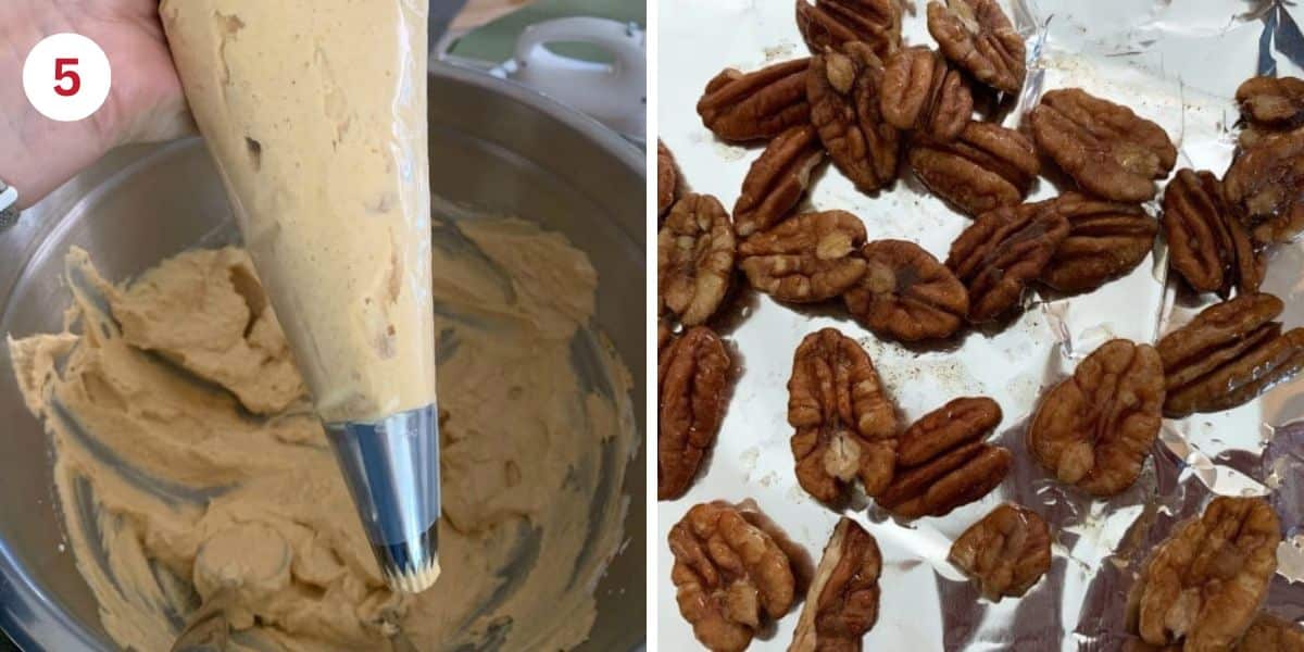 Photos showing the pumpkin mousse in a piping bag and the maple syrup roasted pecans.