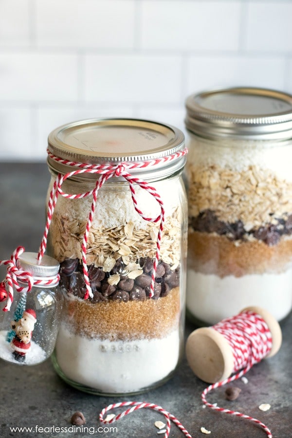 Filled mason jars with gluten free cookie mix.