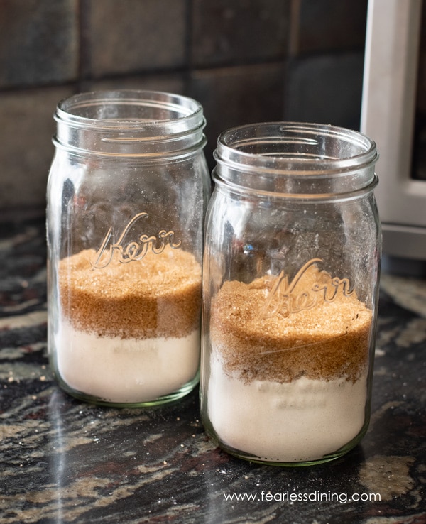 The brown sugar layer in the mason jars.