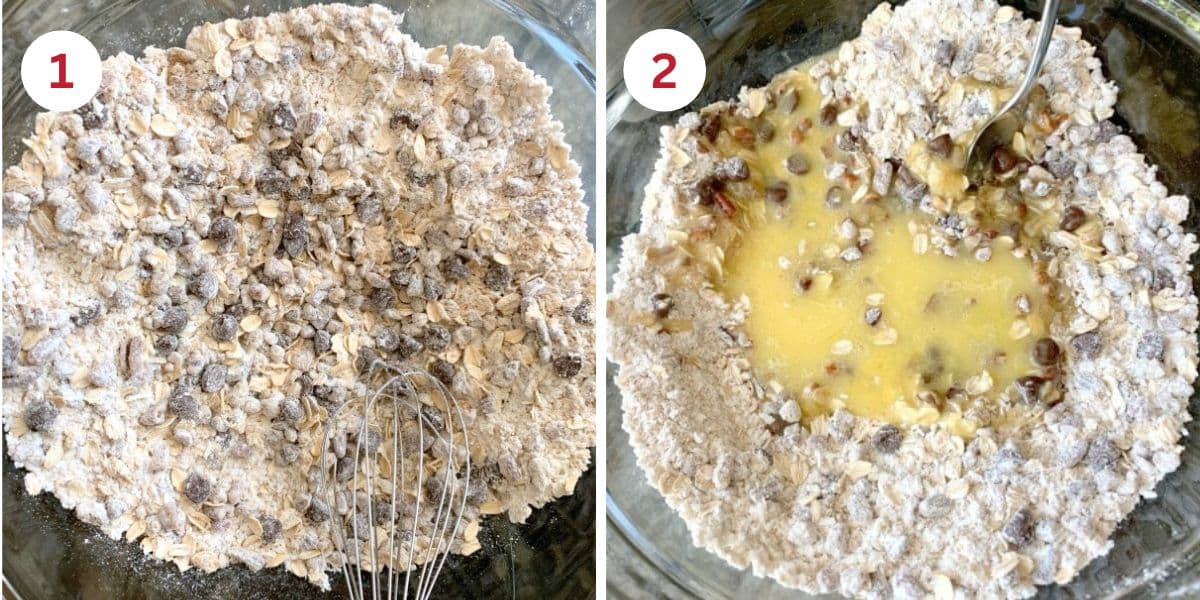 Photos of the wet and dry ingredients being mixed together.