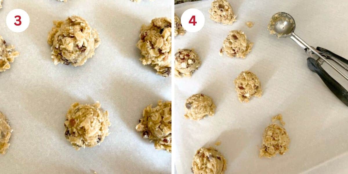 Photos of the cookie dough balls on cookie sheets.