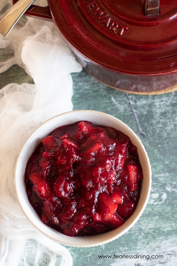 The top view of a big bowl of homemade cranberry sauce.