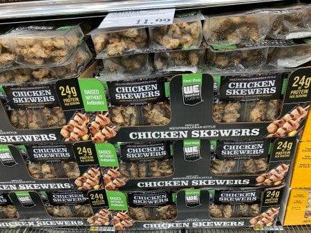 Packages of chicken skewers at costco.