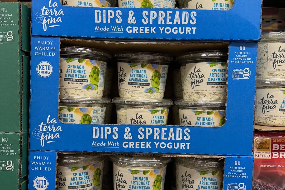 Costco Greek yogurt dip in boxes in the refrigerated section.