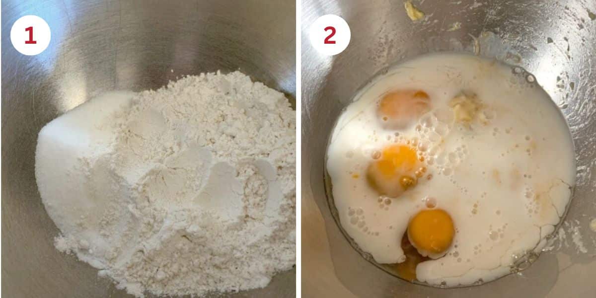 Photos of the wet and dry ingredients in separate bowls.