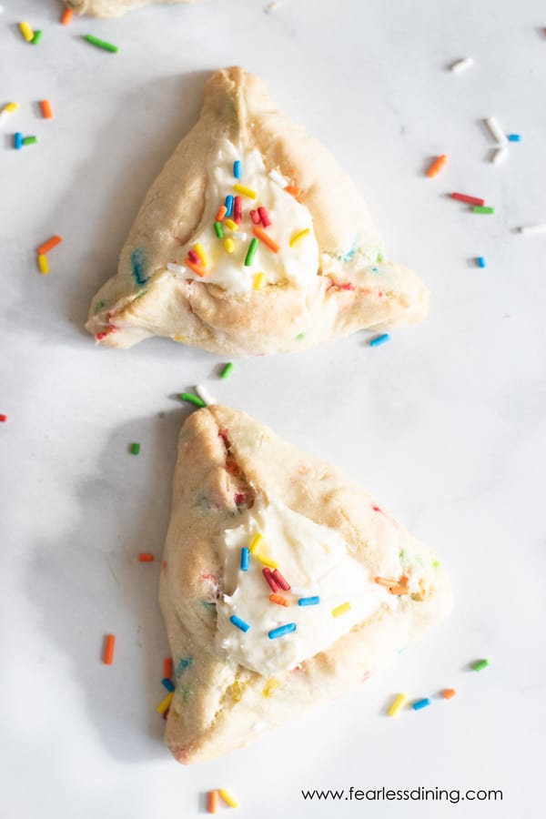 The funfetti hamantaschen on the counter.