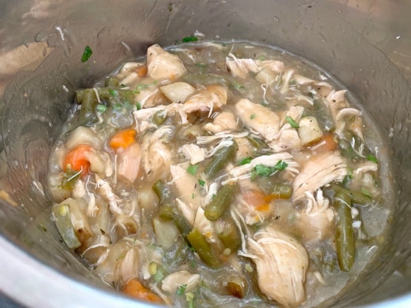 The cooked gluten free chicken stew in the Instant Pot.