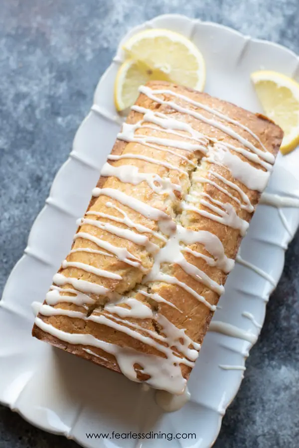 top view of an iced gluten free lemon pound cake