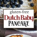 A Pinterest pin image of the gluten-free Dutch baby pancake in the skillet.