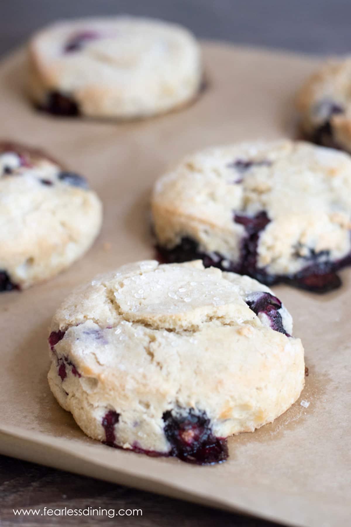 Baked blueberry scones on a baking sheet.