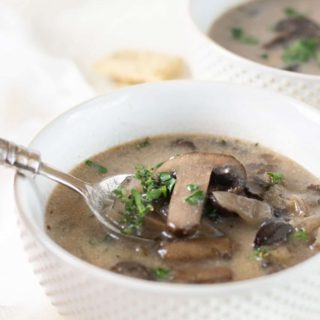 A spoon holding up a spoonful of gluten free mushroom soup.